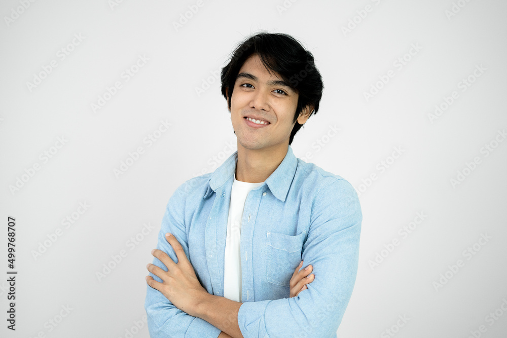 Portrait young Asian man handsome in formal shirt with smile and feelling happy time. Portrait young Asian man handsome in formal shirt with smile and feelling happy time.