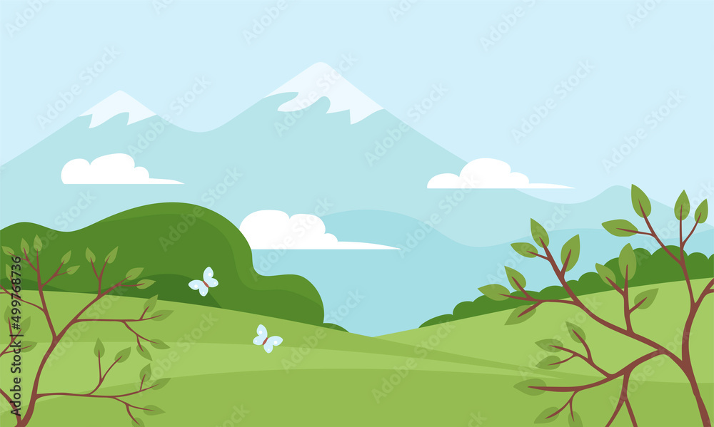 Naklejka premium Summer landscape of nature. Panorama with green forests, fields, mountain and blue sky with clouds. Butterfly flies. Rural scener. Flat vector illustration