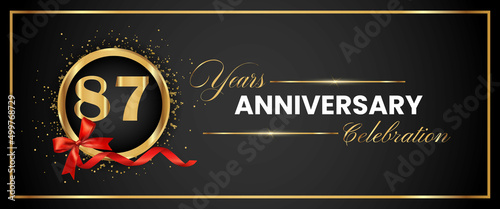 87 Years Anniversary Celebration Gold and Black Color Vector. anniversary celebration logotype with elegant modern number gold color for celebration, gold anniversary celebration, bow, ribbon, luxury.