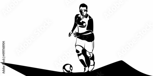Football, soccer player kicking ball, side view. Isolated vector black and white one continuous line silhouette. Silhщuette of football or soccer defender, striker or goalkeeper. Vector clipart 