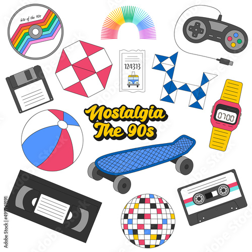 A set of retro symbols of the 90s. Skateboard, disco ball, CD, puzzle, electronic wristwatch, floppy disk. Nostalgia for the nineties. Vector illustration isolated on a white background