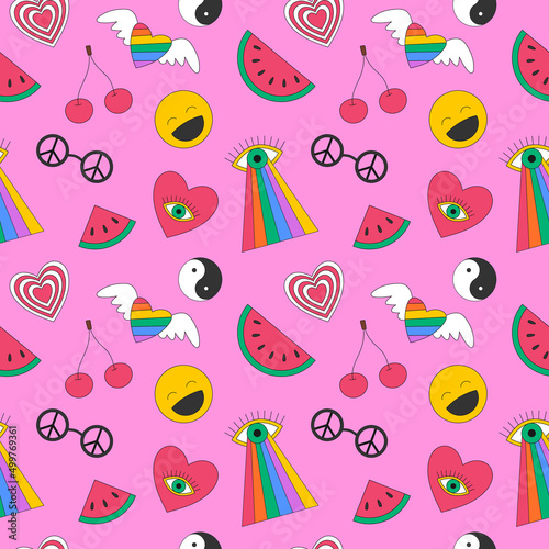 Seamless pattern with retro symbols of the 70s. Psychedelic eye, smiley face, cherries, peace symbol, watermelon,cherry. Great for textiles and wrapping paper. Color vector illustrations on pink.