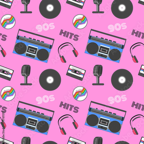 Seamless pattern with retro technics and symbols of the 90s. Boombox, audio cassette, vinyl record, headphones, microphone. Great for textiles and wrapping paper. Color vector illustrations on pink.