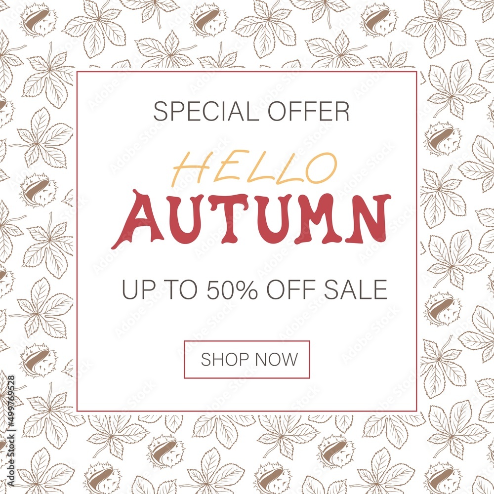 Hello Autumn sale square background for advertising, banners, leaflets and flyers. Vector illustration.