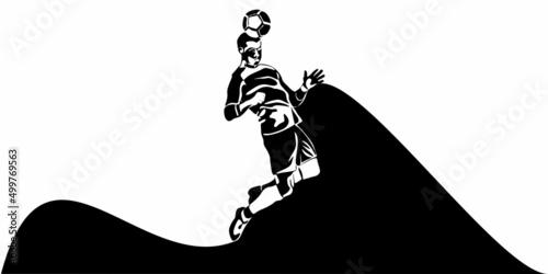 Football, soccer player kicking ball, side view. Isolated vector black and white one continuous line silhouette. Silhщuette of football or soccer defender, striker or goalkeeper. Vector clipart 