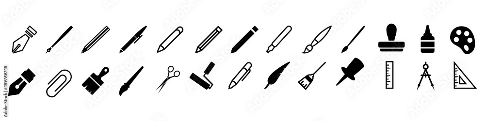 Drawing tools vector icons set. pen or pencil illustration sign collection. Pixel perfect symbol.