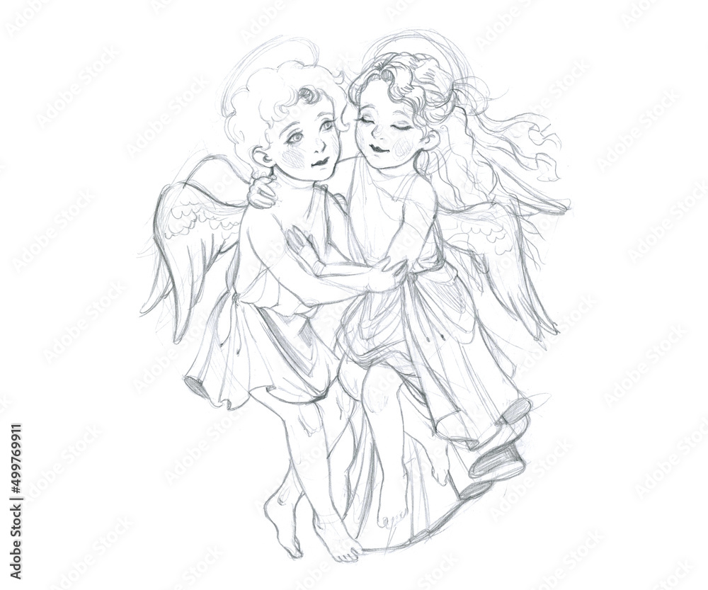 Hand drawn graphite pencil sketch of a pair of angel children. Freehand pencil drawing isolated on white background.