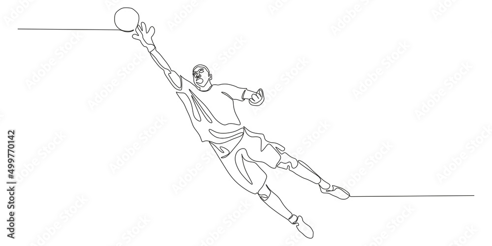 Football, soccer player kicking ball, side view. Isolated vector black and white one continuous line silhouette. Silhouette of football or soccer defender, striker or goalkeeper. Vector clipart 