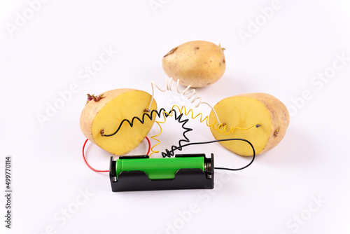 Potato battery on white background.  Alternative green energy generated from potatoes. 