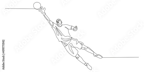 Football, soccer player kicking ball, side view. Isolated vector black and white one continuous line silhouette. Silhouette of football or soccer defender, striker or goalkeeper. Vector clipart 