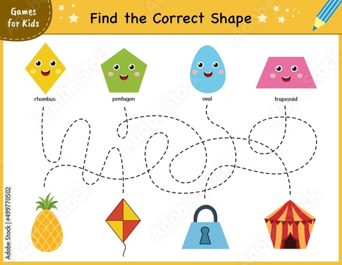 Find the correct shape mini game. Maze for kids. Learning shapes activity page for preschool. Puzzle template for handwriting practice. Vector illustration photo