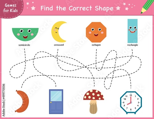 Find the correct shape puzzle game. Maze for kids. Learning shapes activity page for preschool. Mini template for handwriting practice. Vector illustration
