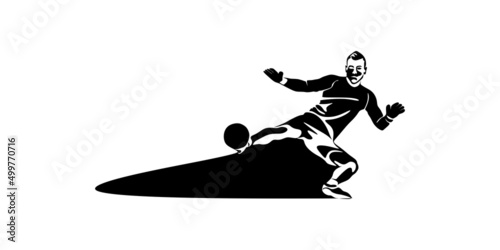 Football, soccer player kicking ball, side view. Isolated vector black and white one continuous line silhouette. Silhouette of football or soccer defender, striker or goalkeeper. Vector clipart  photo