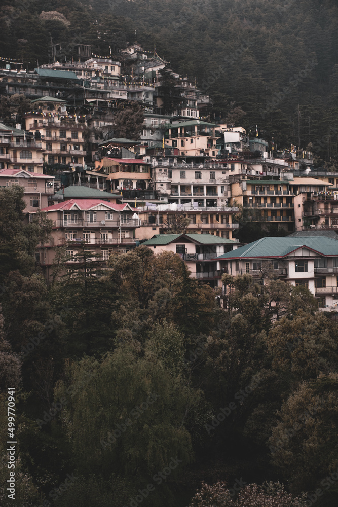 Obraz premium The mountainous region of Shimla with limited flat land has resulted in all residential and commercial buildings built on the mountain slopes. A unique feature in Shimla.