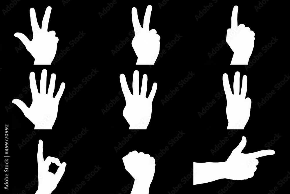 Count down background. Hand gesture numbers. Symbolic counting with hand. Simple fingers isolated. One, two, three, four and open palm for five. Silhouette white signs isolated on black. Count down background. Hand gesture numbers. Symbolic counting with hand. Simple fingers isolated. One, two, three, four and open palm for five. Silhouette white signs isolated on black.