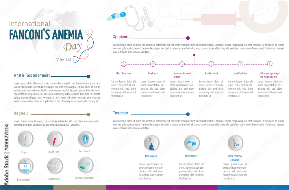 Fanconi anemia is a disease that affects the bone marrow caused by a damaged gene.Infographic with icons for symptoms, treatment and diagnosis.
