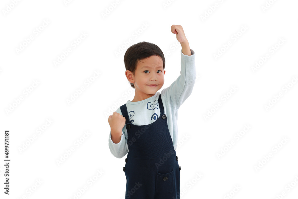 smiling Asian little boy raised his hand up isolated on white background