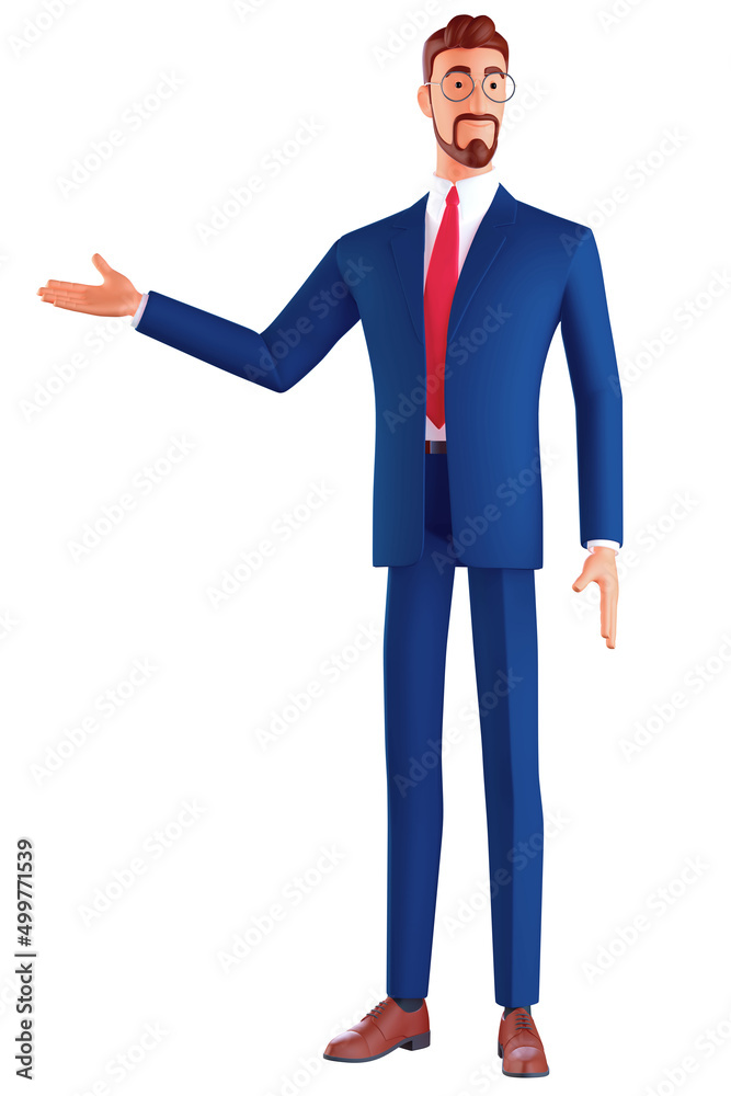 3d Cheerful businessman brunette man in glasses wearing a blue suit, showing empty copy space on open hand palm for text. Front view. Minimal stylized art style. 3d render on white background.