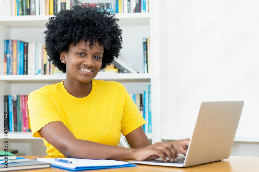 Fototapeta premium Pretty african american female student shopping online at computer