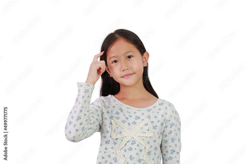 Asian young girl kid thinking expression and pointing index finger to head. Child looking at camera for great idea or good memory isolated on white background with Clipping path. Asian young girl kid thinking expression and pointing index finger to head. Child looking at camera for great idea or good memory isolated on white background with Clipping path.