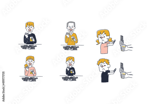 薬を飲んでいる人々のセット　コミカルな手書きの人物　ベクター、線画にカラー