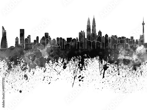 Kuala Lumpur skyline in black watercolor on white background
