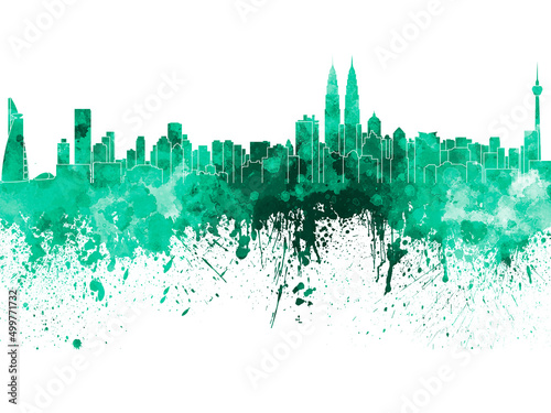 Kuala Lumpur skyline in green watercolor on white background