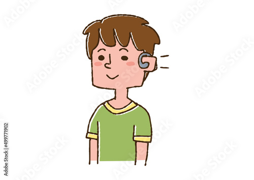 補聴器をつけている男の子　コミカルな手書きの人物　ベクター、線画にカラー