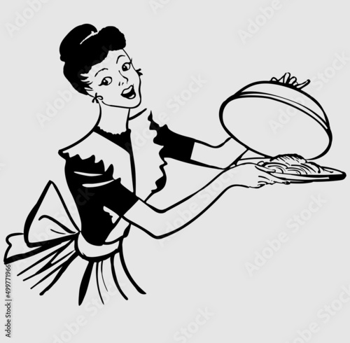Retro waitress holding with meal and smile