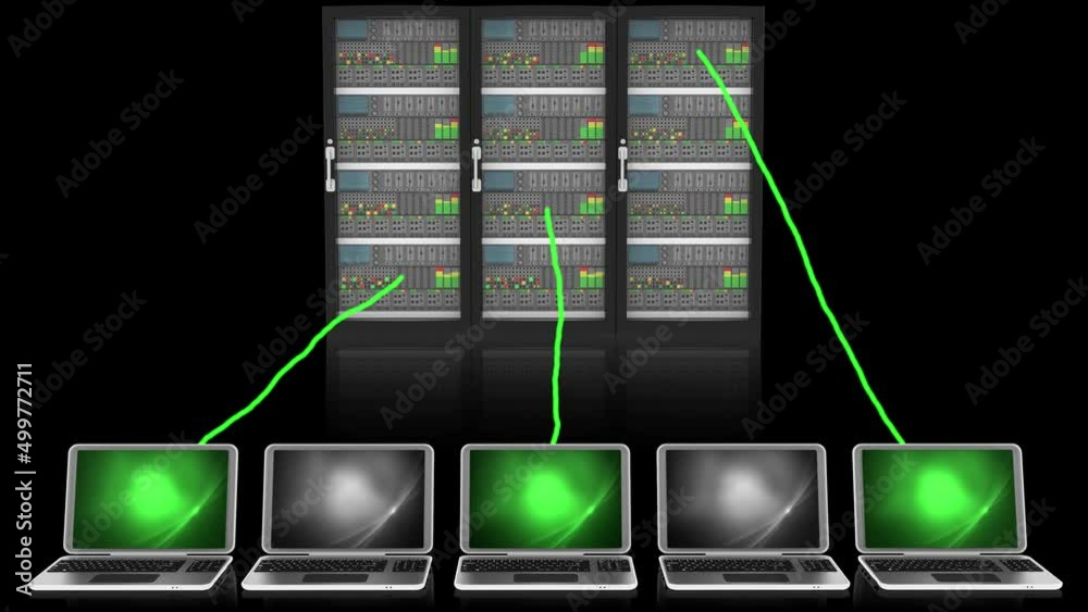Animazione illustrazione 3D. Server computer dati.. Connessione e archiviazione dati computer, applicazioni..