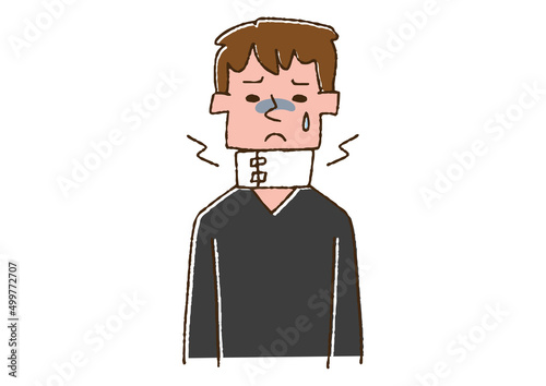 むち打ちで首を固定している男性　コミカルな手書きの人物　ベクター、線画にカラー