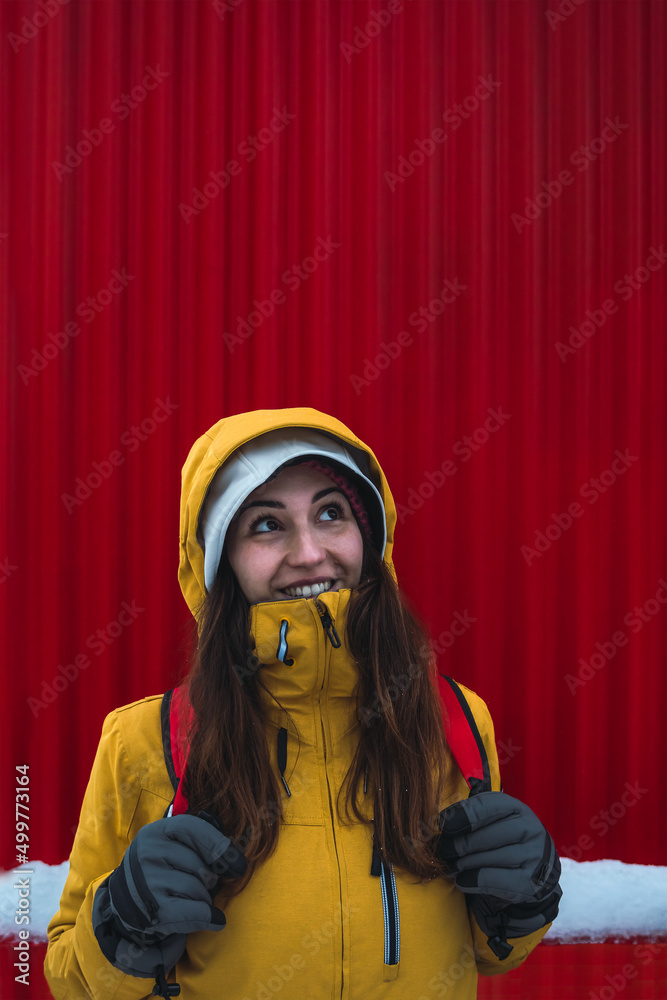 woman facial expression with red background