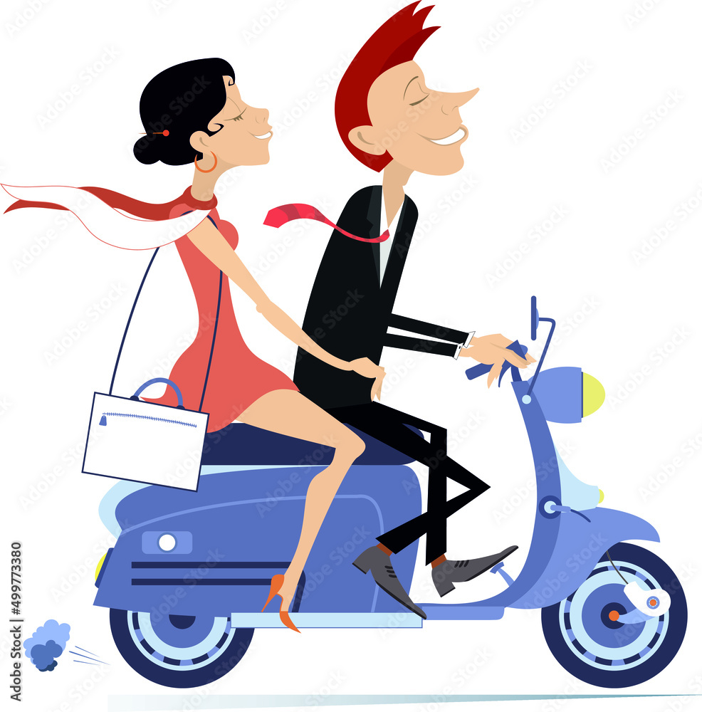 Two young couple ride scooter illustration. 
Smiling young man and woman ride a scooter isolated on white background
