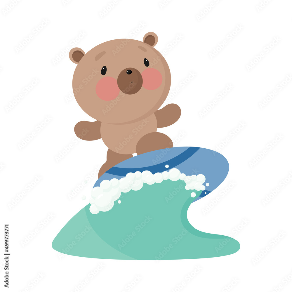 Cute Bear on the Surfboard. Cartoon style. Vector illustration. For card, posters, banners, books, printing on the pack, printing on clothes, fabric, wallpaper, textile or dishes. Cute Bear on the Surfboard. Cartoon style. Vector illustration. For card, posters, banners, books, printing on the pack, printing on clothes, fabric, wallpaper, textile or dishes.