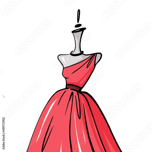 Fashion logo, symbol. Red dress on a mannequin. Silhouette. Textile industry. Illustration