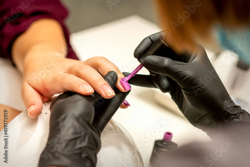 Professional manicure. A manicurist is painting the female nails of a client with purple nail polish in a beauty salon  close up. Beauty industry concept