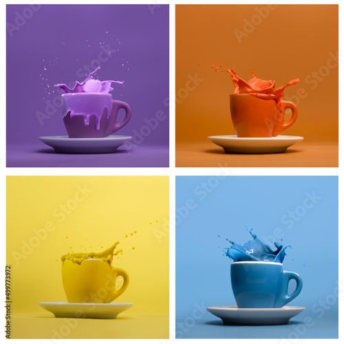 Collage of four different coloured hot drinks with liquid splashing over rim photo