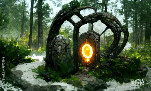 Fantasy Magical fairy-tale portal in the forest. Round stone portal teleport in trees to other worlds. Fantastic landscape. Magic Altar in the forest