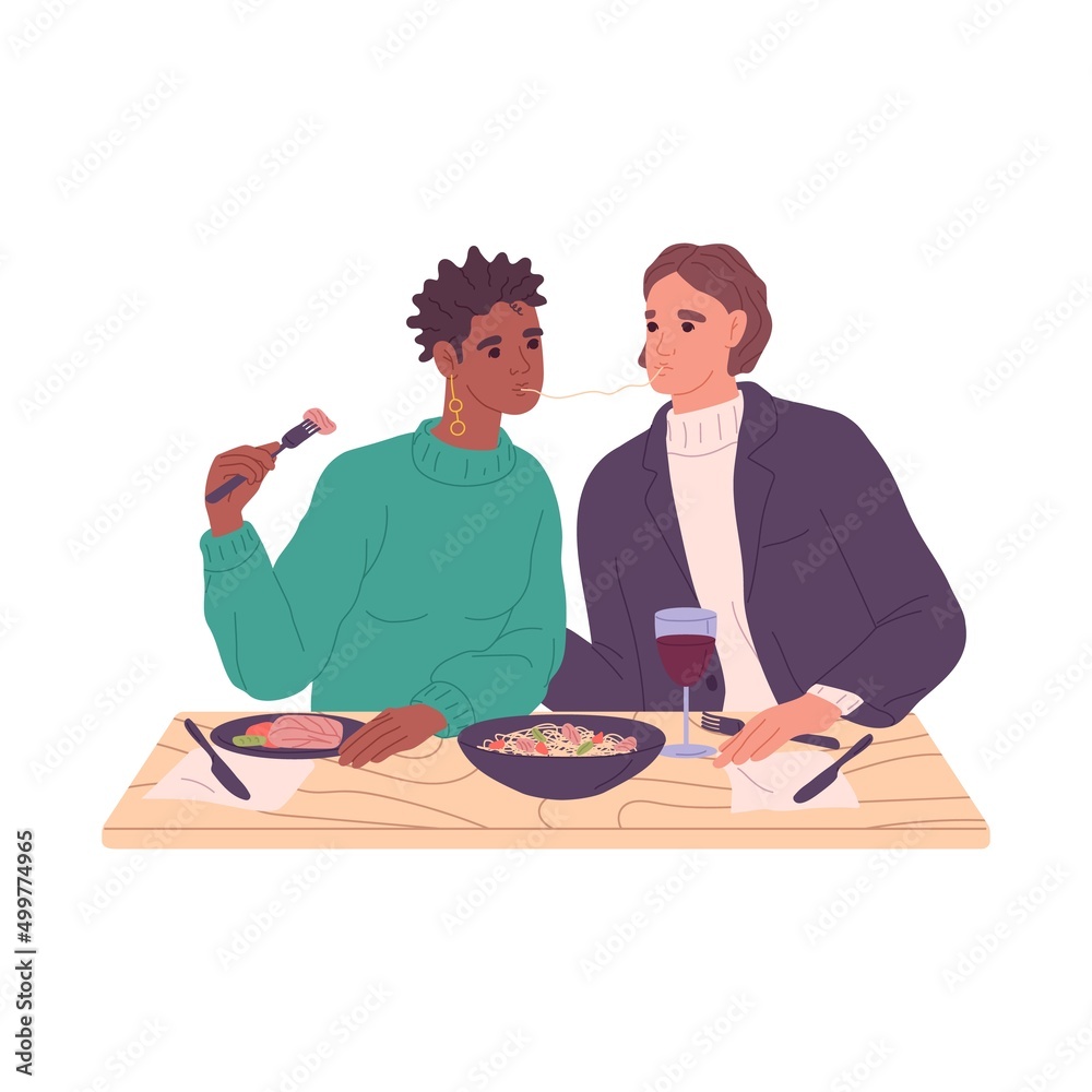 Love couple eating spaghetti together. Man and woman with Italian food, pasta and wine at romantic dinner, sitting at table and sharing meal. Flat vector illustration isolated on white background Love couple eating spaghetti together. Man and woman with Italian food, pasta and wine at romantic dinner, sitting at table and sharing meal. Flat vector illustration isolated on white background