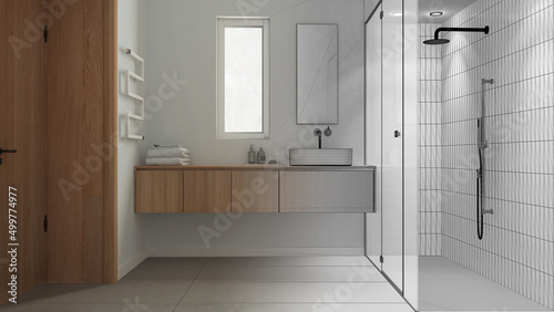 Architect interior designer concept: hand-drawn draft unfinished project that becomes real, bathroom in wooden tones, shower with tiles, washbasin, mirror and accessories, towel rack