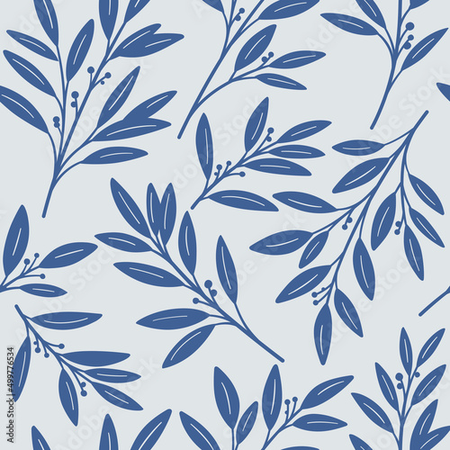 Simple seamless foliage pattern. Flat design print with branch of laurel. Vector illustration on background.