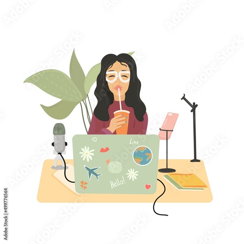 Podcast concept. Vector illustration The girl leads an online podcast, radio host. Audio podcast