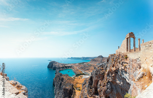 Fototapeta Naklejka Na Ścianę i Meble -  Panorama of the St. Paul's Bay in Lindos city from the Acropolis, Rhodes island, Greece