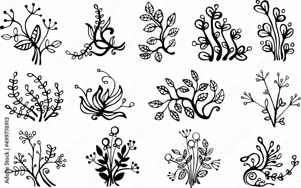 Vector Hand drawn flower and leaf elements, Vintage flowers doodle collection design, template, wedding card, invitation, greeting card, poster, postcard.