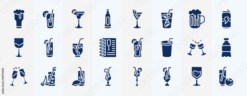 set of glyph drinks icons. editable filled icons such as pint of beer,  liquor, beer mug,
