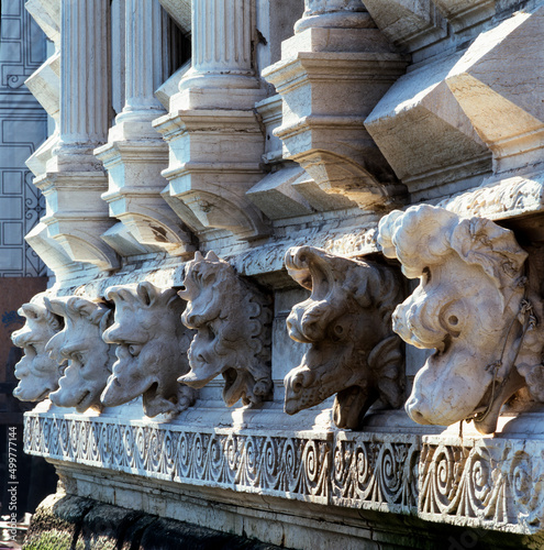 Venezia. Cà Pesaro, dettaglio di sculture di mostri marini della facciata sul Canal grande photo