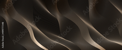 Luxury Horizontal vector template, golden abstract background design. Modern wavy line pattern with guilloche curves in dark colors. Premium soft golden stripe texture for business banner, backdrop. 