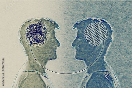 Canvas Print Two humans head silhouette psycho therapy concept