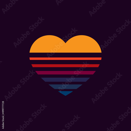 Vintage sunset in the shape of a heart, in the style of the 80s. Vector background. A design element.
