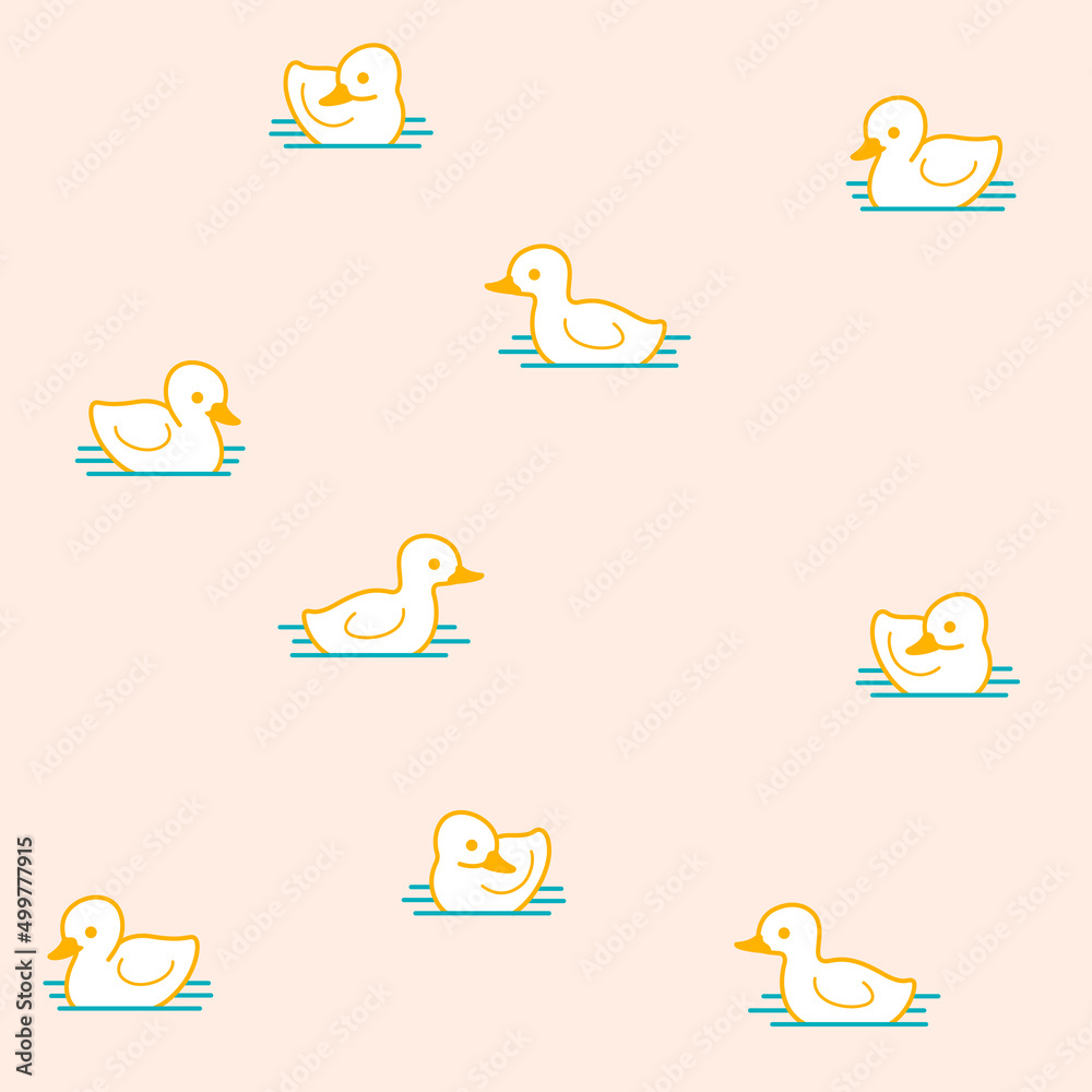 Ducklings swim in the water. Seamless outline vector pattern for prints, clothing, packaging and postcards.